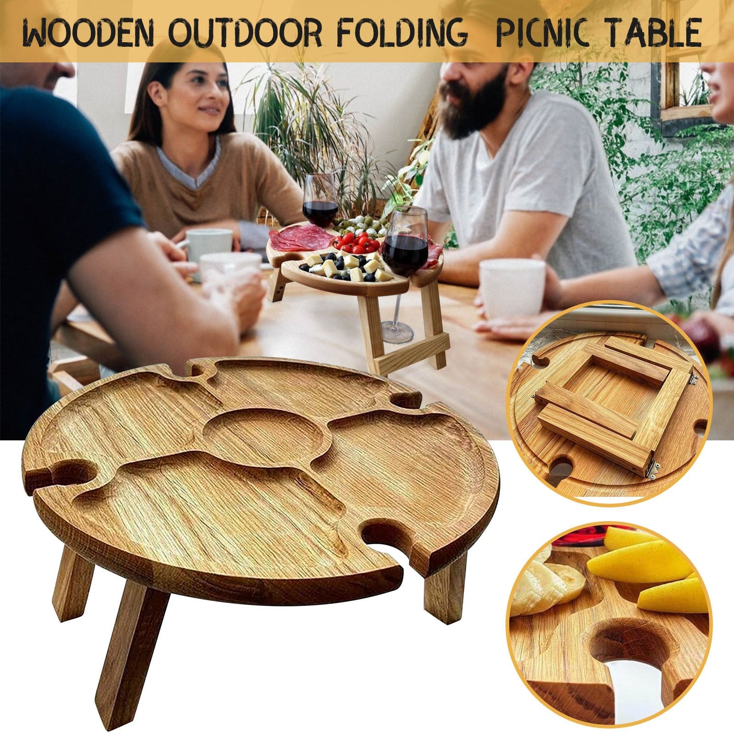 Wooden Outdoor Folding Picnic-table With Glass Holder