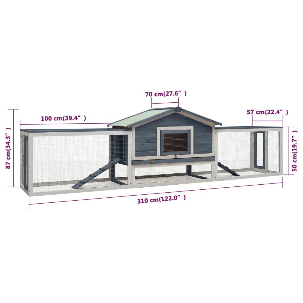 vidaXL Rabbit Hutch Grey 310x70x87 cm Solid Pine & Fir Wood