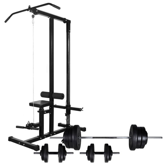 vidaXL Power Tower with Barbell and Dumbbell Set 60.5 kg