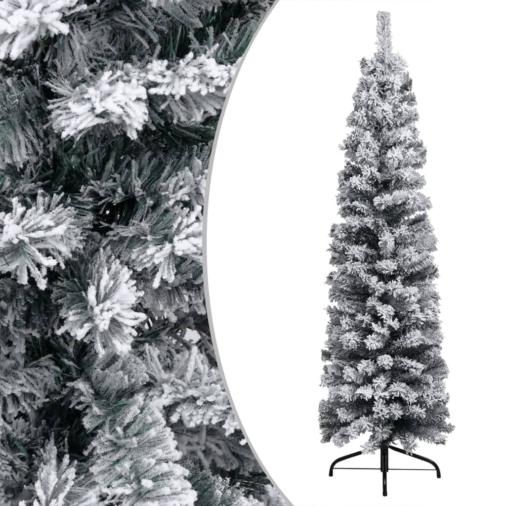 vidaXL Slim Pre-lit Christmas Tree with Flocked Snow Green 240 cm PVC