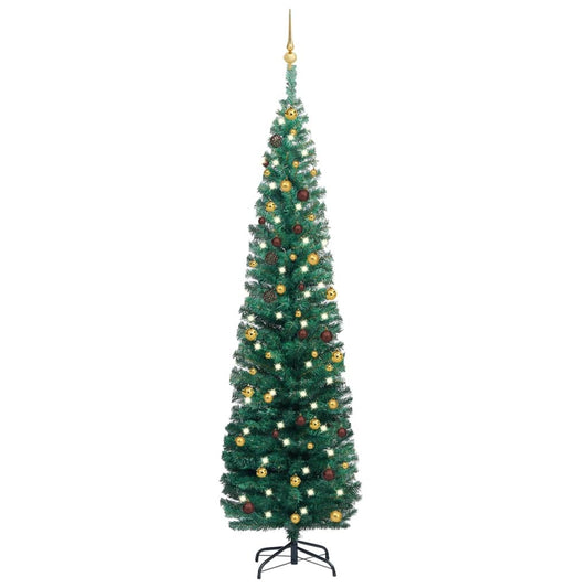 vidaXL Slim Artificial Pre-lit Christmas Tree with Ball Set Green 210 cm