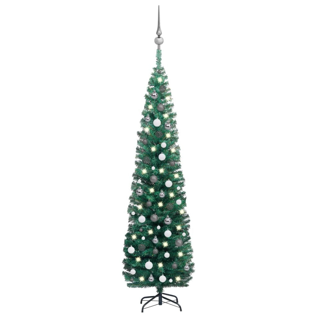 vidaXL Slim Artificial Pre-lit Christmas Tree with Ball Set Green 210 cm