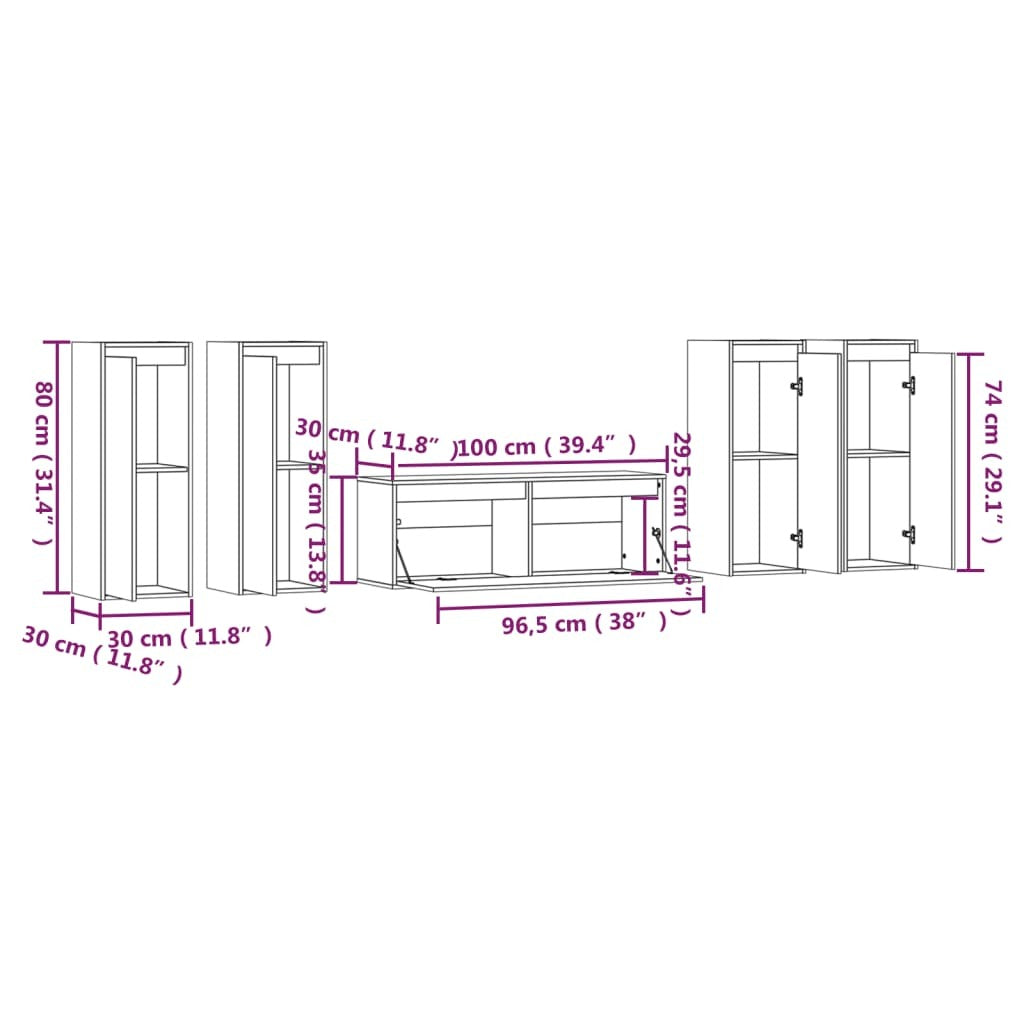 vidaXL TV Cabinets 5 pcs Black Solid Wood Pine