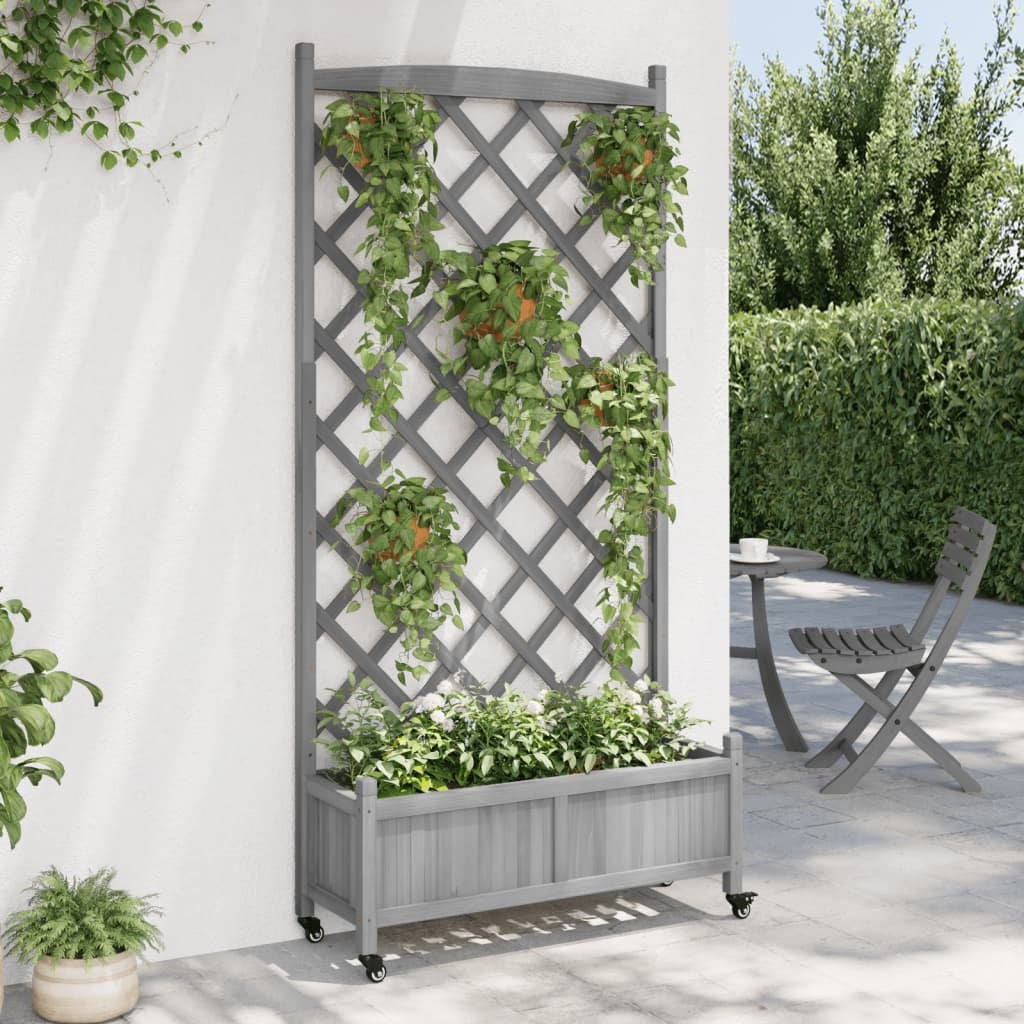 vidaXL Planter with Trellis and Wheels Grey Solid Wood Fir