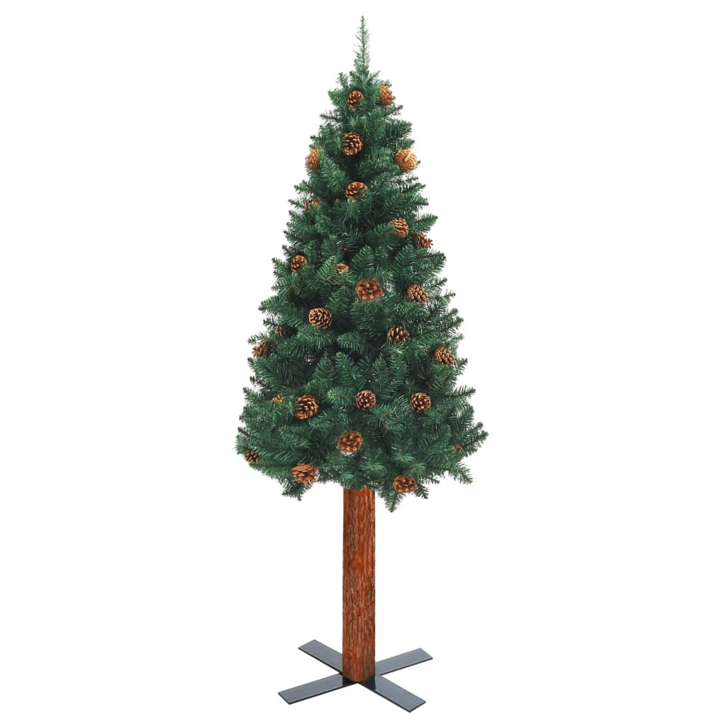 vidaXL Slim Christmas Tree with Real Wood and Cones Green 150 cm PVC