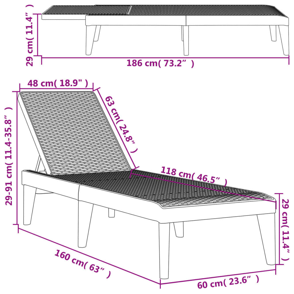 vidaXL Sun Lounger Grey 186x60x29 cm PP