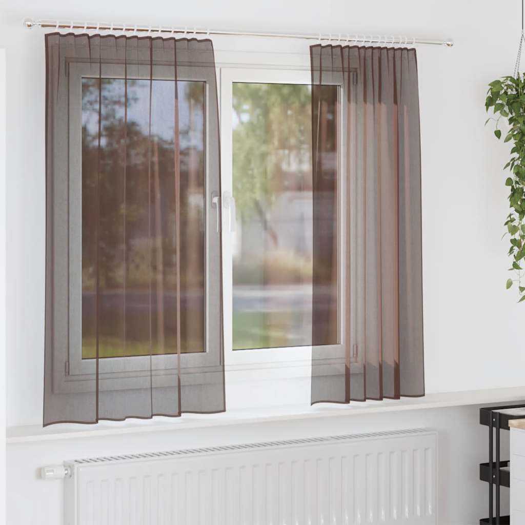 Voile Curtains with Tab Top 2 pcs Brown