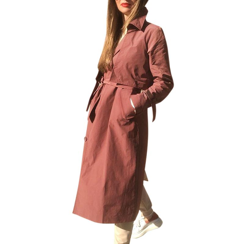 Women long trench coat V-neck tied brick red windbreaker female Gentle