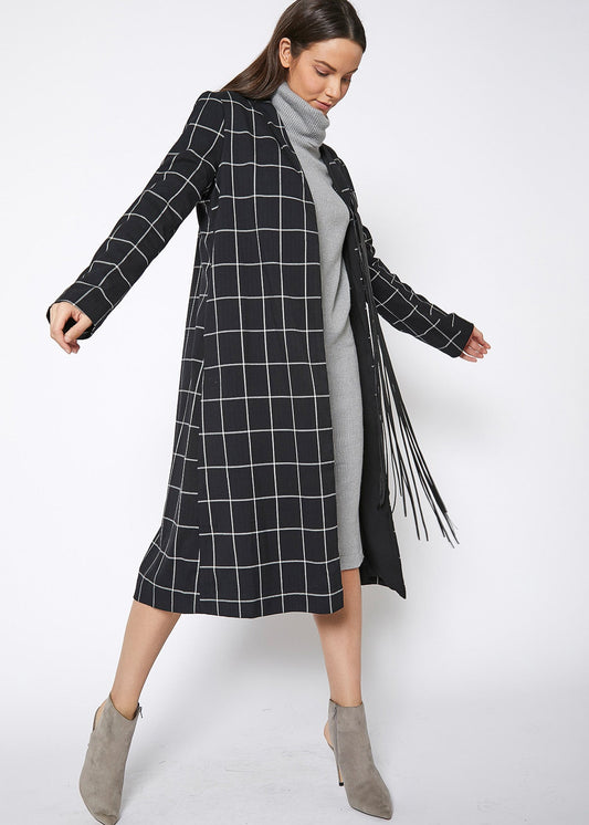 Women's Minimalist Grid Longline Coat In Black