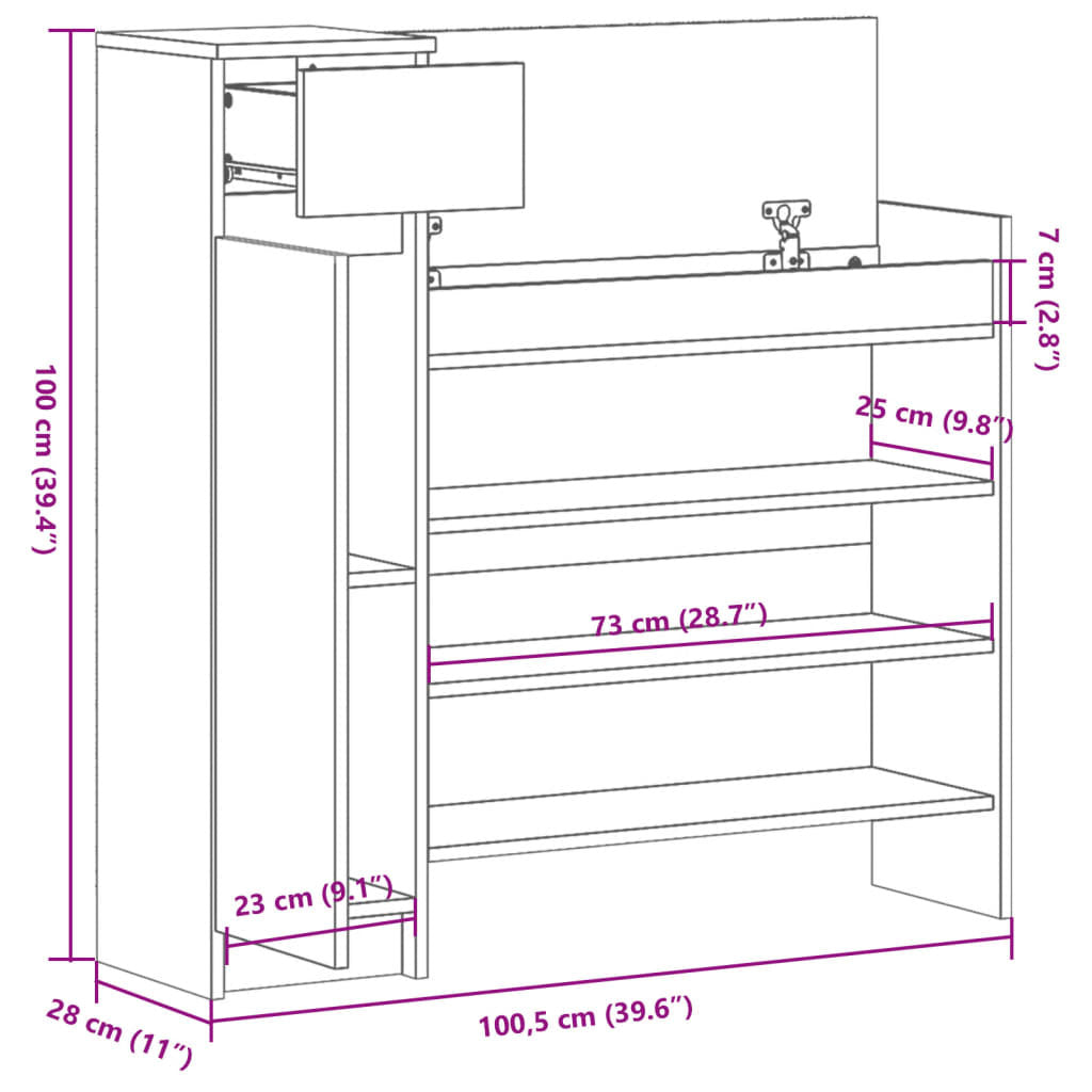 vidaXL Shoe Cabinet Black 100.5x28x100 cm Engineered Wood