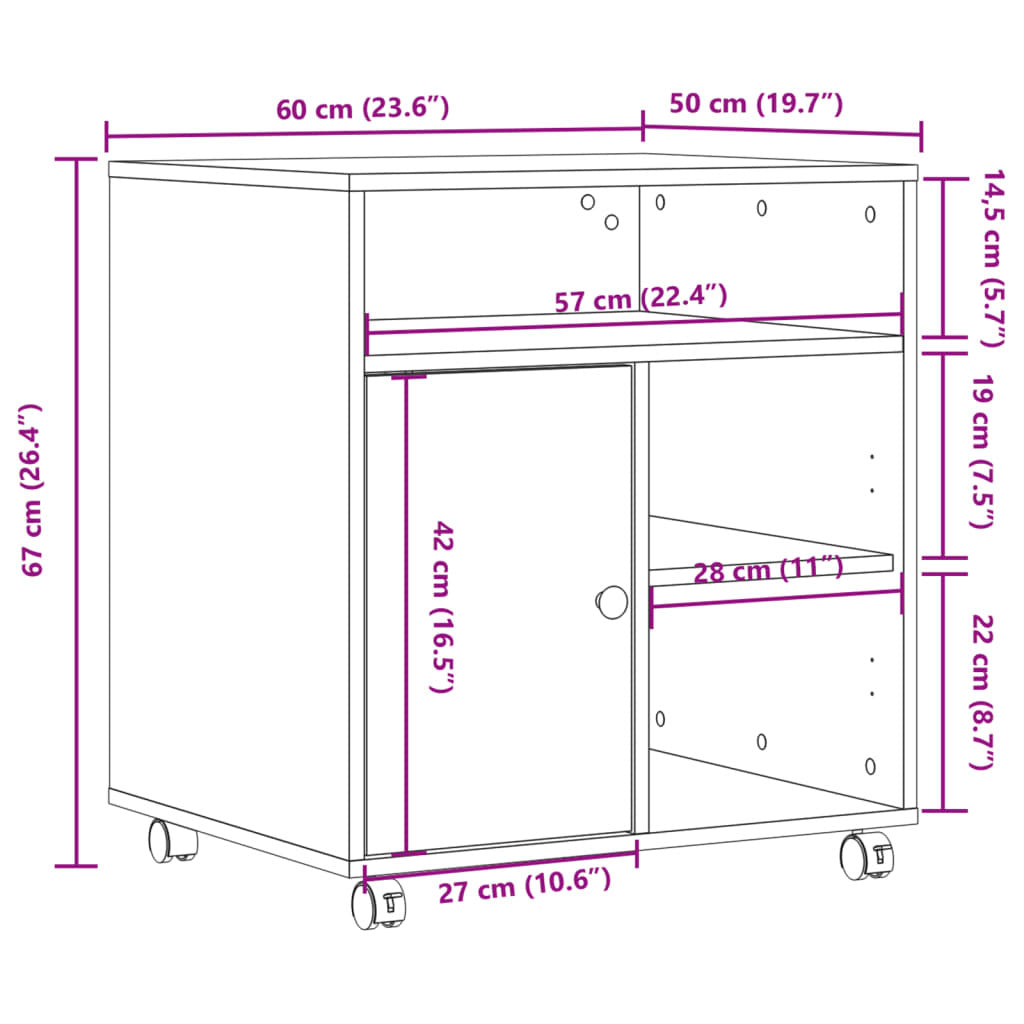 vidaXL Printer Stand with Wheels Black 60x50x67 cm