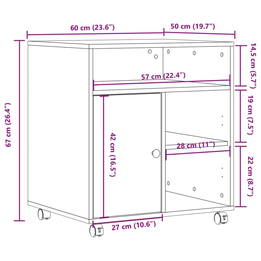 vidaXL Printer Stand with Wheels Smoked Oak 60x50x67 cm