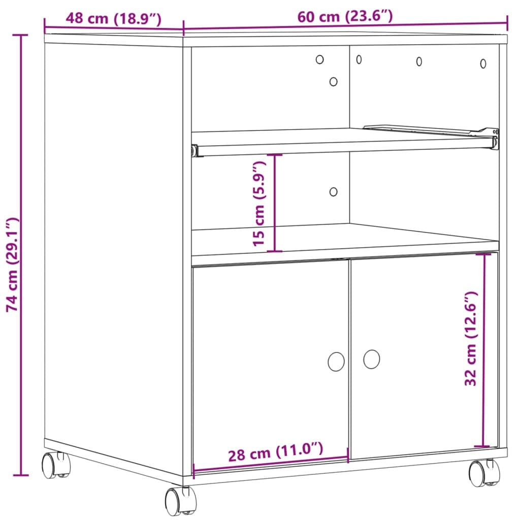 vidaXL Printer Stand with Wheels Concrete Grey 60x48x74 cm