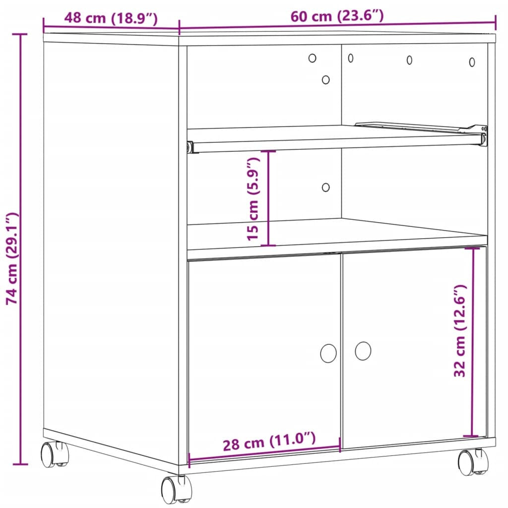 vidaXL Printer Stand with Wheels Grey Sonoma 60x48x74 cm