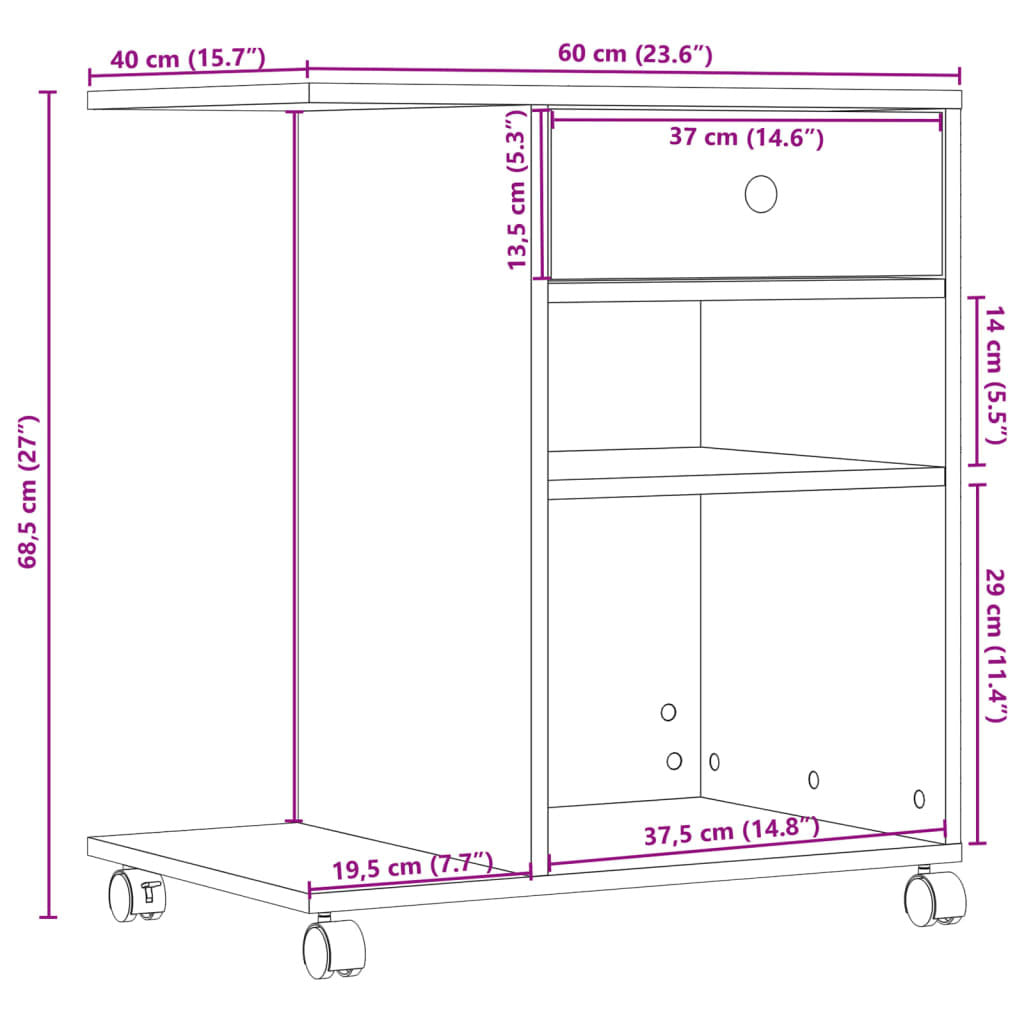 vidaXL Printer Stand with Wheels Grey Sonoma 60x40x68.5 cm