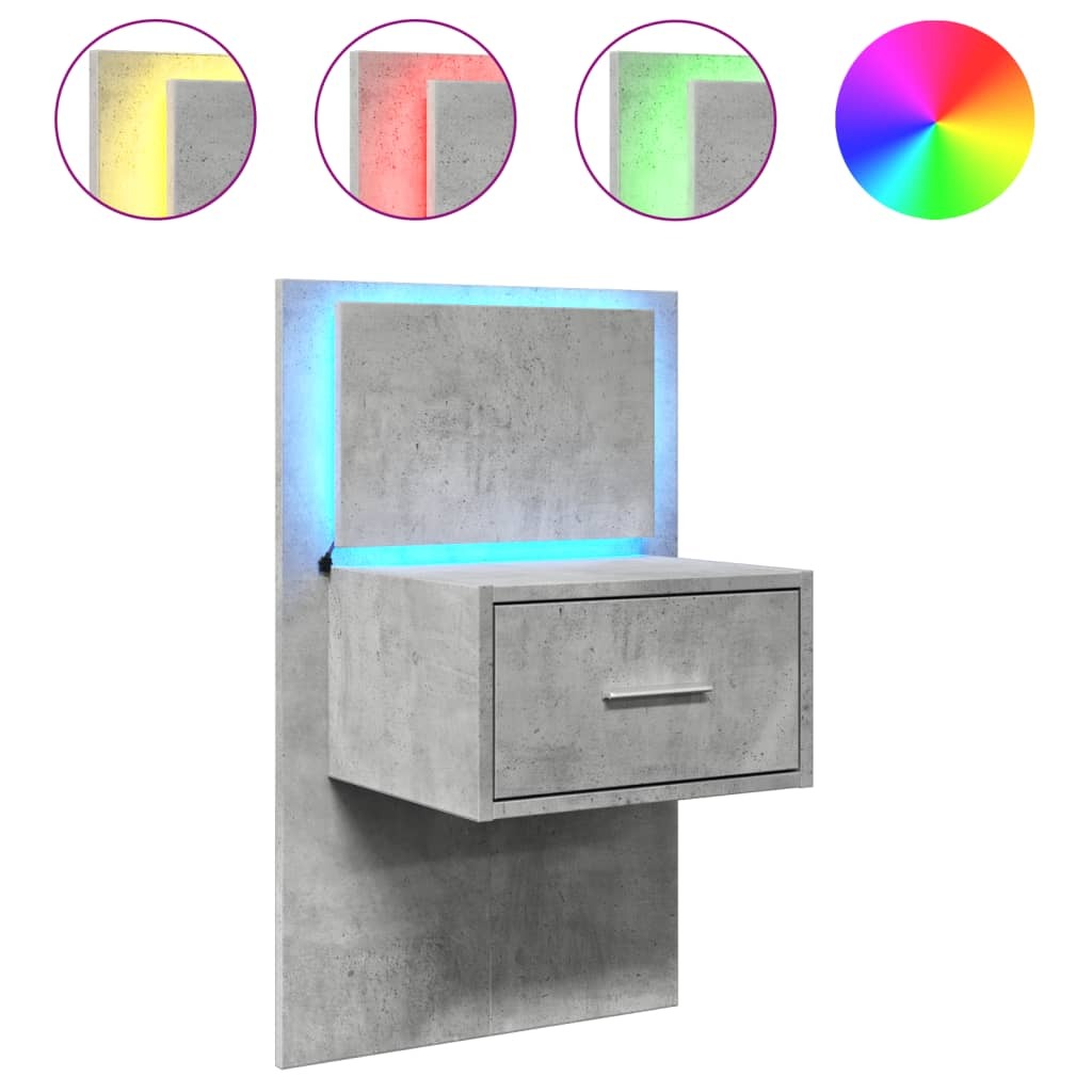 vidaXL Wall-mounted Bedside Cabinet with LED Lights Concrete Grey