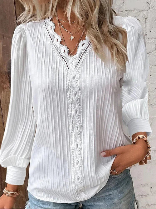 Women's Lace Stitching Shirt Loose Stitching V-neck Long Sleeve