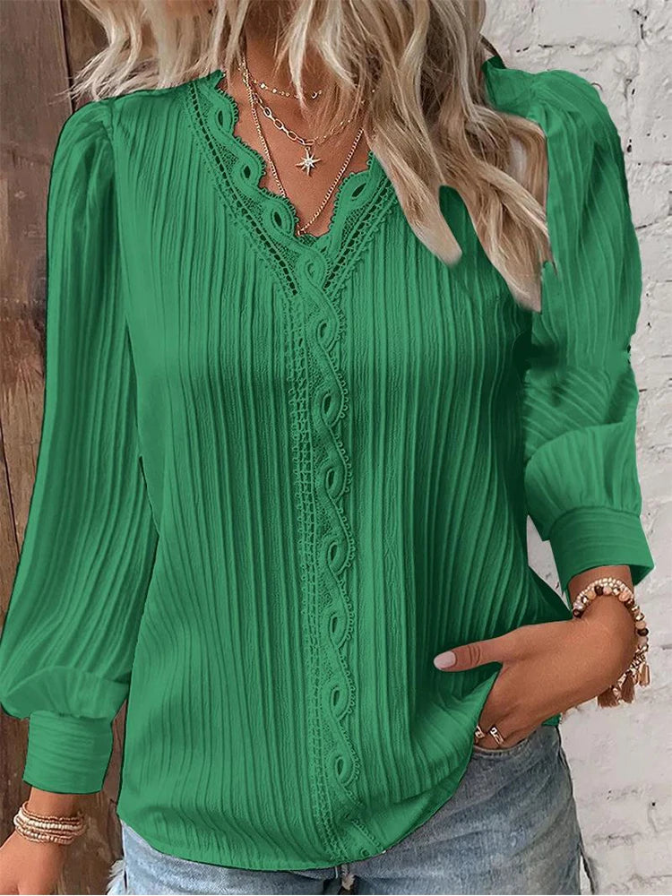 Women's Lace Stitching Shirt Loose Stitching V-neck Long Sleeve