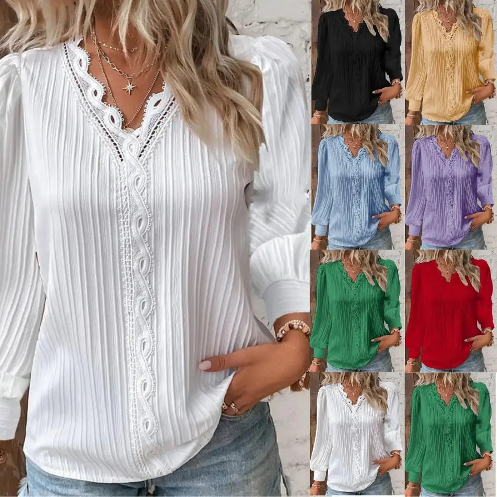 Women's Lace Stitching Shirt Loose Stitching V-neck Long Sleeve