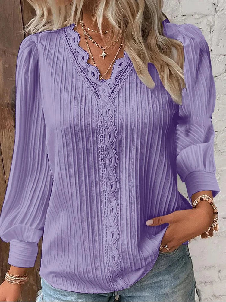 Women's Lace Stitching Shirt Loose Stitching V-neck Long Sleeve