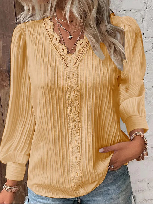 Women's Lace Stitching Shirt Loose Stitching V-neck Long Sleeve