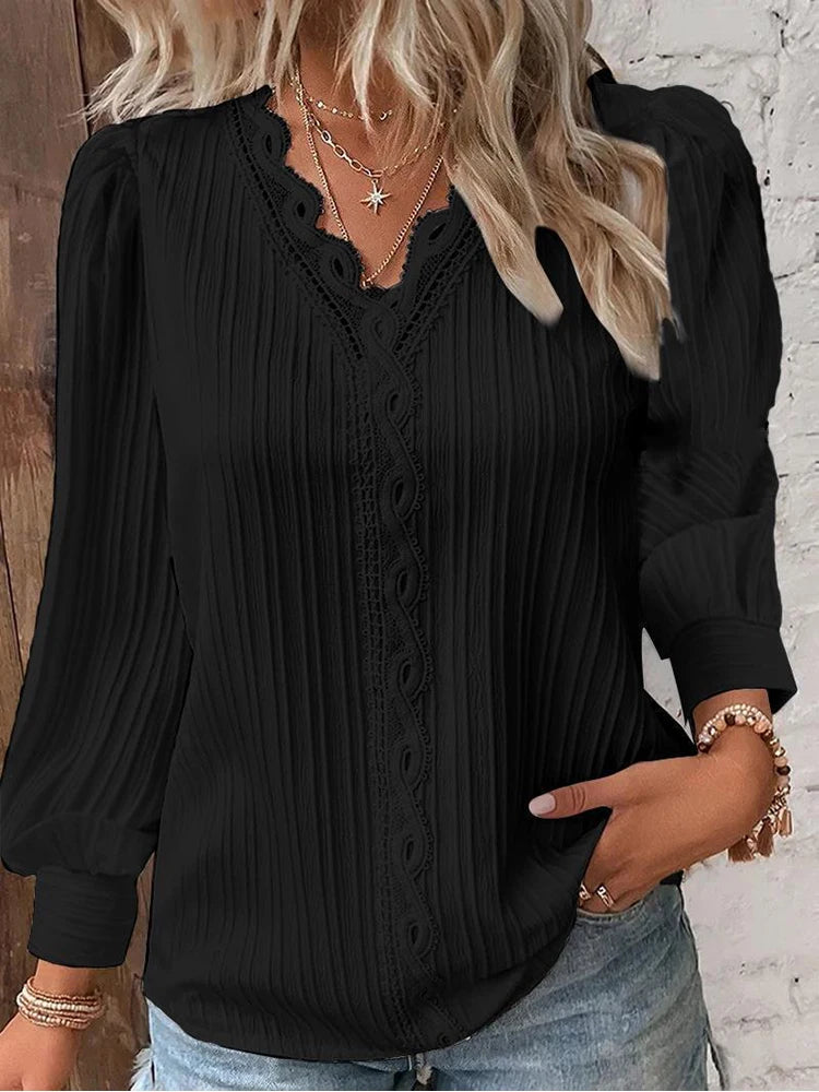 Women's Lace Stitching Shirt Loose Stitching V-neck Long Sleeve