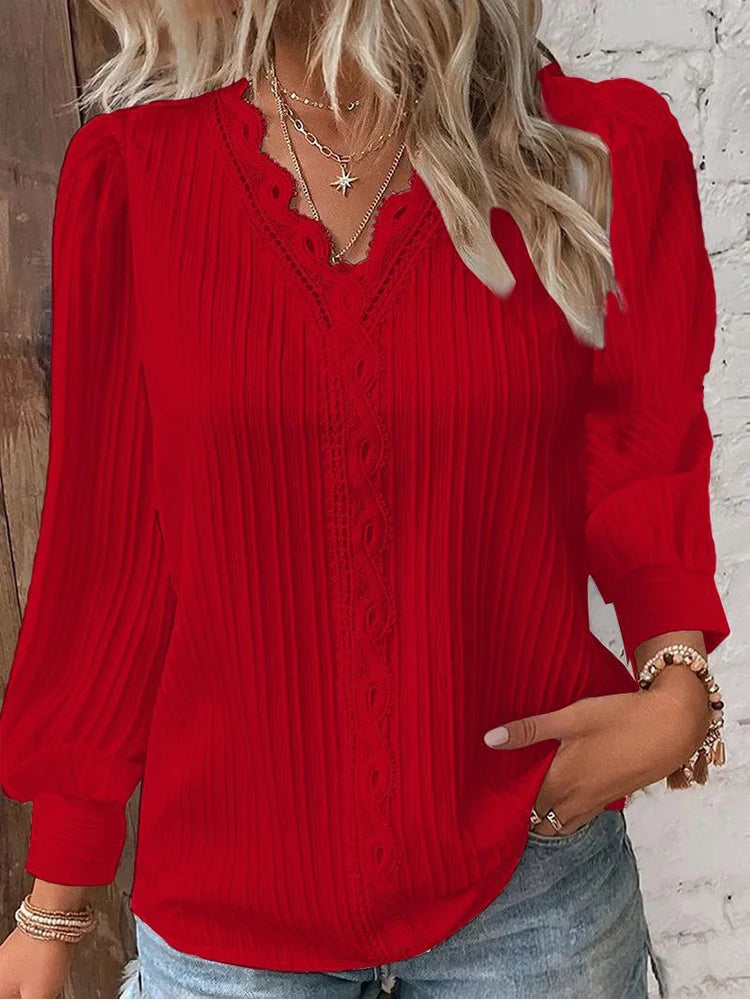 Women's Lace Stitching Shirt Loose Stitching V-neck Long Sleeve