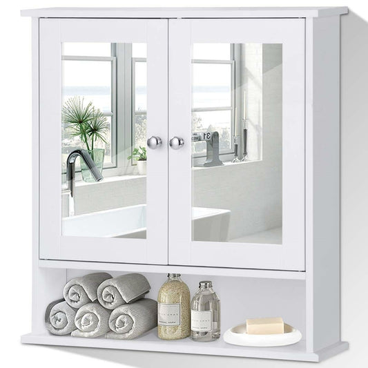 White Bathroom Wall Medicine Cabinet with Mirror and Open Shelf