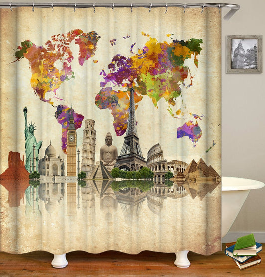 World Map Attractions Shower Curtain