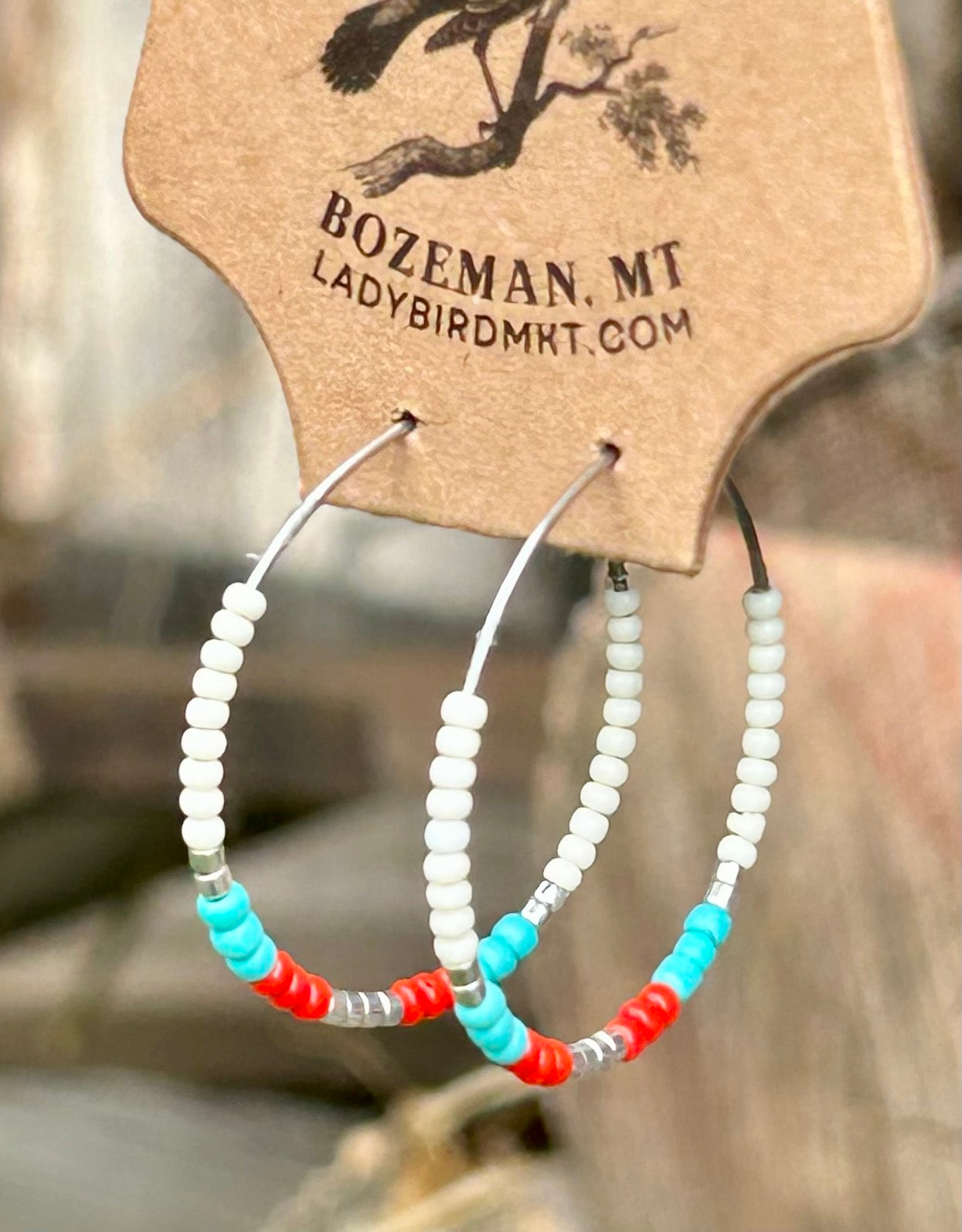 White Southwest-Patterned Beaded Hoop Earrings