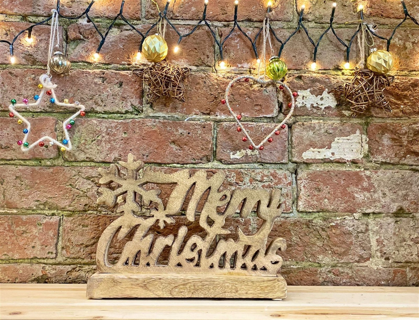 Wood Carved Merry Christmas Script On Base