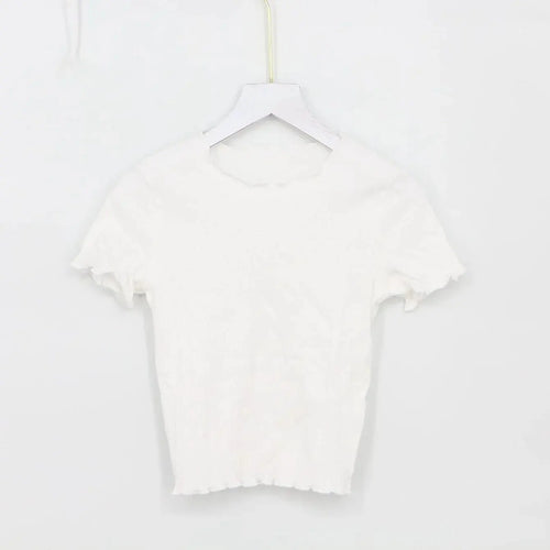 Women's Lettuce Trim Ribbed T-Shirt Knit Short Sleeve Crop Top Slim