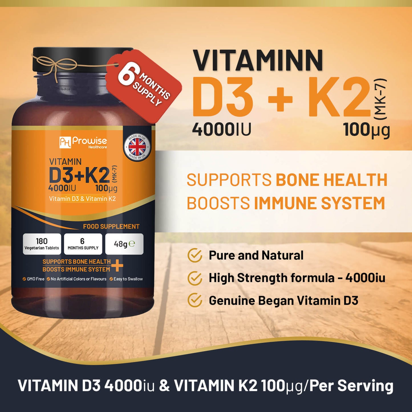 Vitamin D3 4000IU & K2 MK7 100ug Vegetarian 180 Tablets Supplement for Immune Support Calcium Boost, Bone & Muscle by Prowise