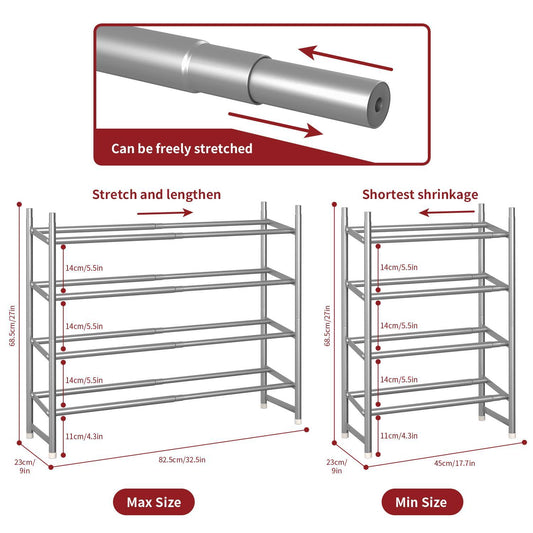 4 Tier Minimalist Shoe Rack Extendable Metal Organiser Stand - Grey