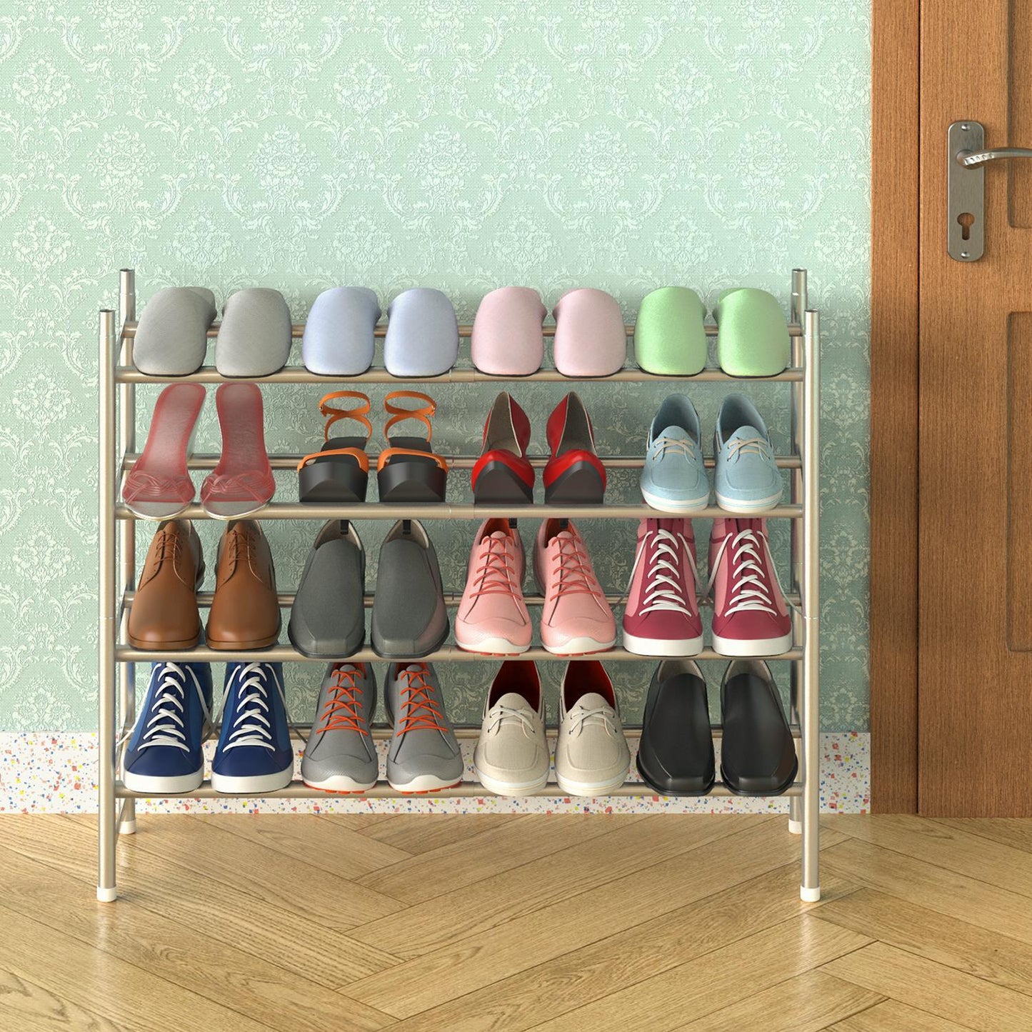 4 Tier Minimalist Shoe Rack Extendable Metal Organiser Stand - Grey