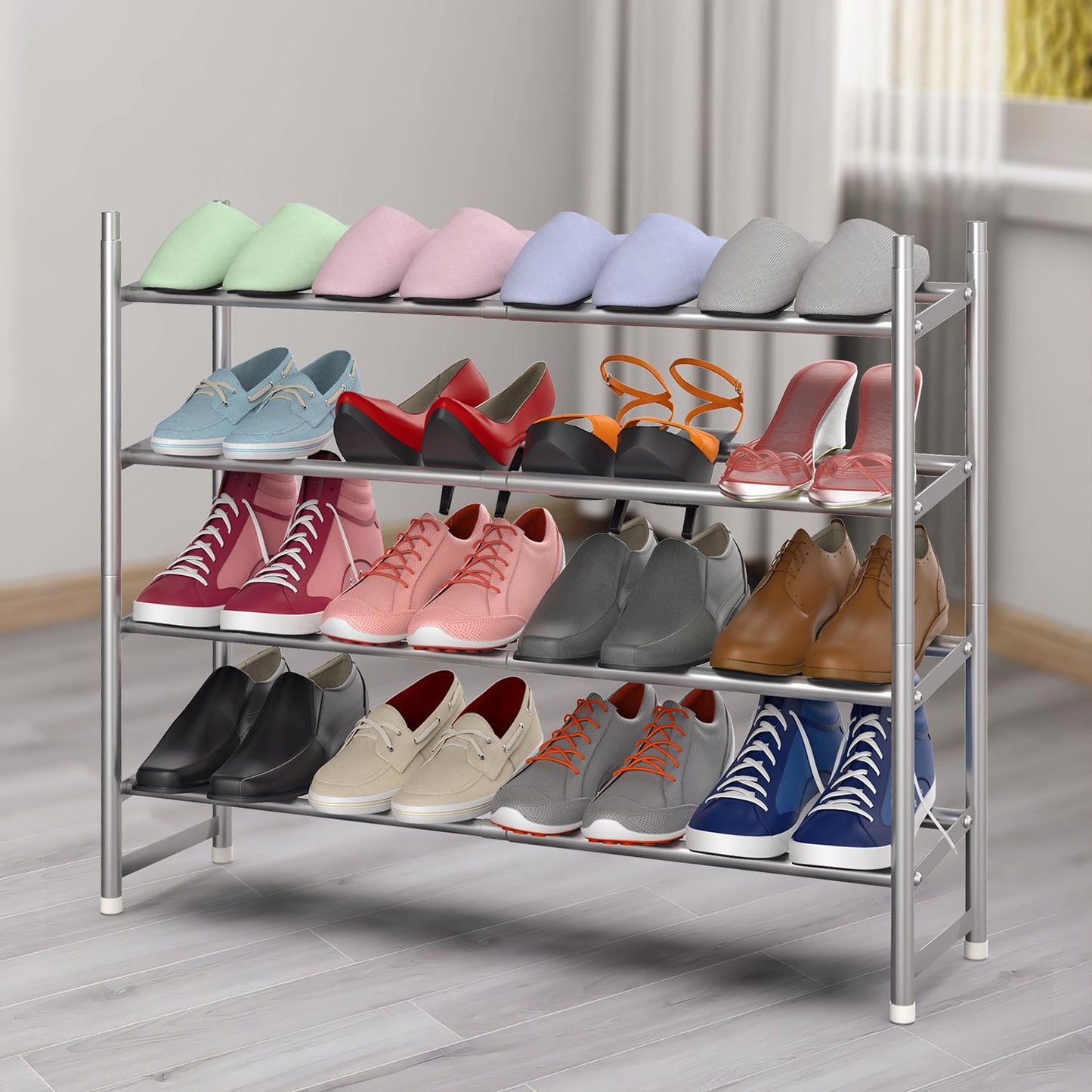 4 Tier Minimalist Shoe Rack Extendable Metal Organiser Stand - Grey