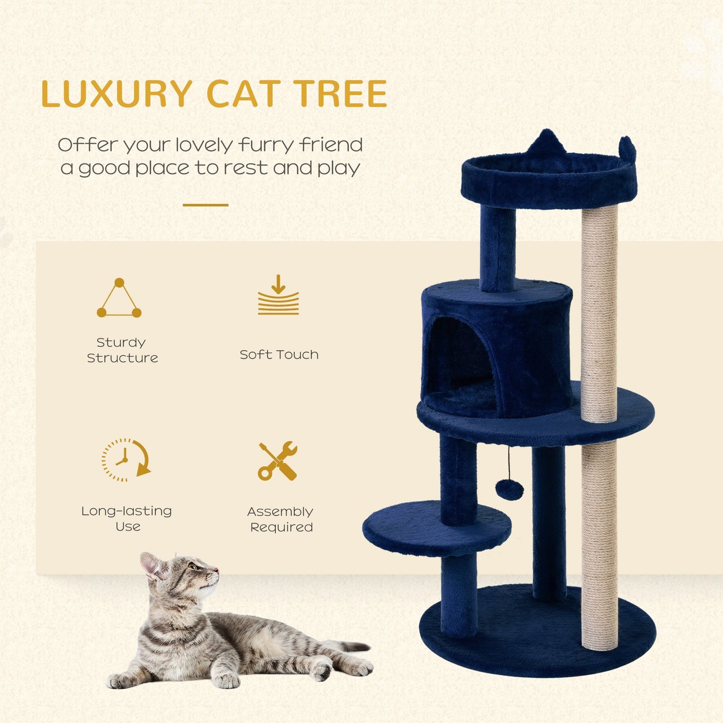 104cm Deluxe Cat Activity Tree w/ Scratching Posts Ear Perch House - Blue