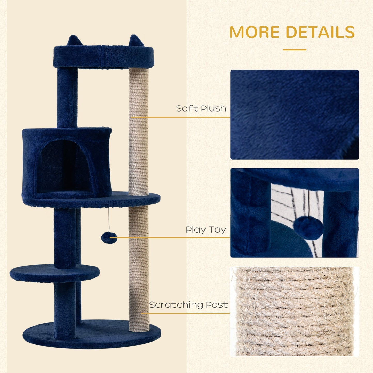 104cm Deluxe Cat Activity Tree w/ Scratching Posts Ear Perch House - Blue