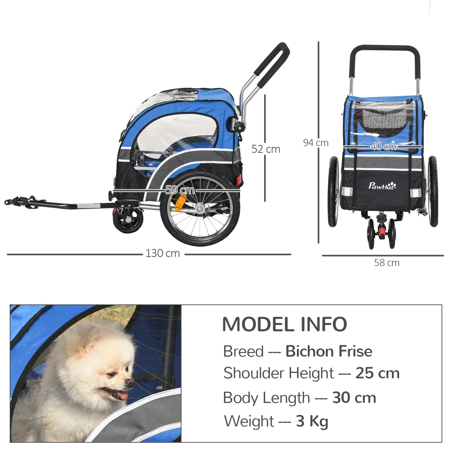 2-in-1 Dog Bike Trailer Pet Stroller Carrier Reflector Flag 130x58x94cm