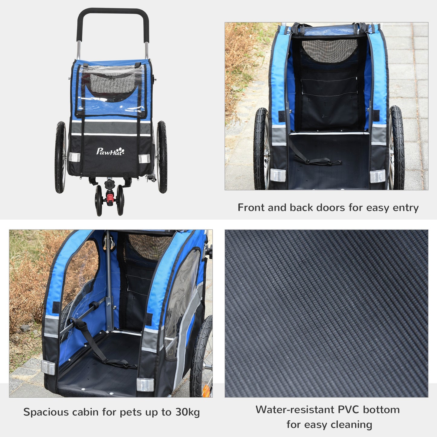 2-in-1 Dog Bike Trailer Pet Stroller Carrier Reflector Flag 130x58x94cm