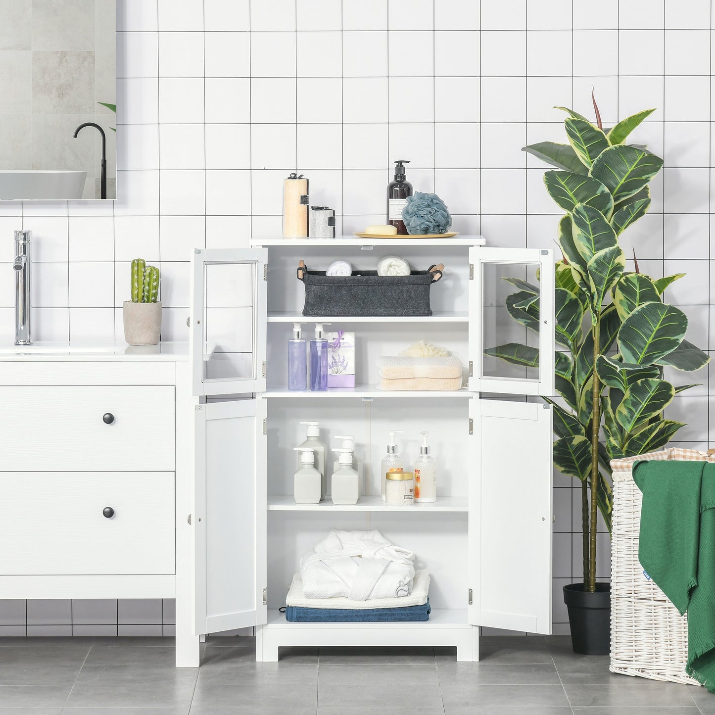 Bathroom Floor Storage Cabinet with Tempered Glass Doors White