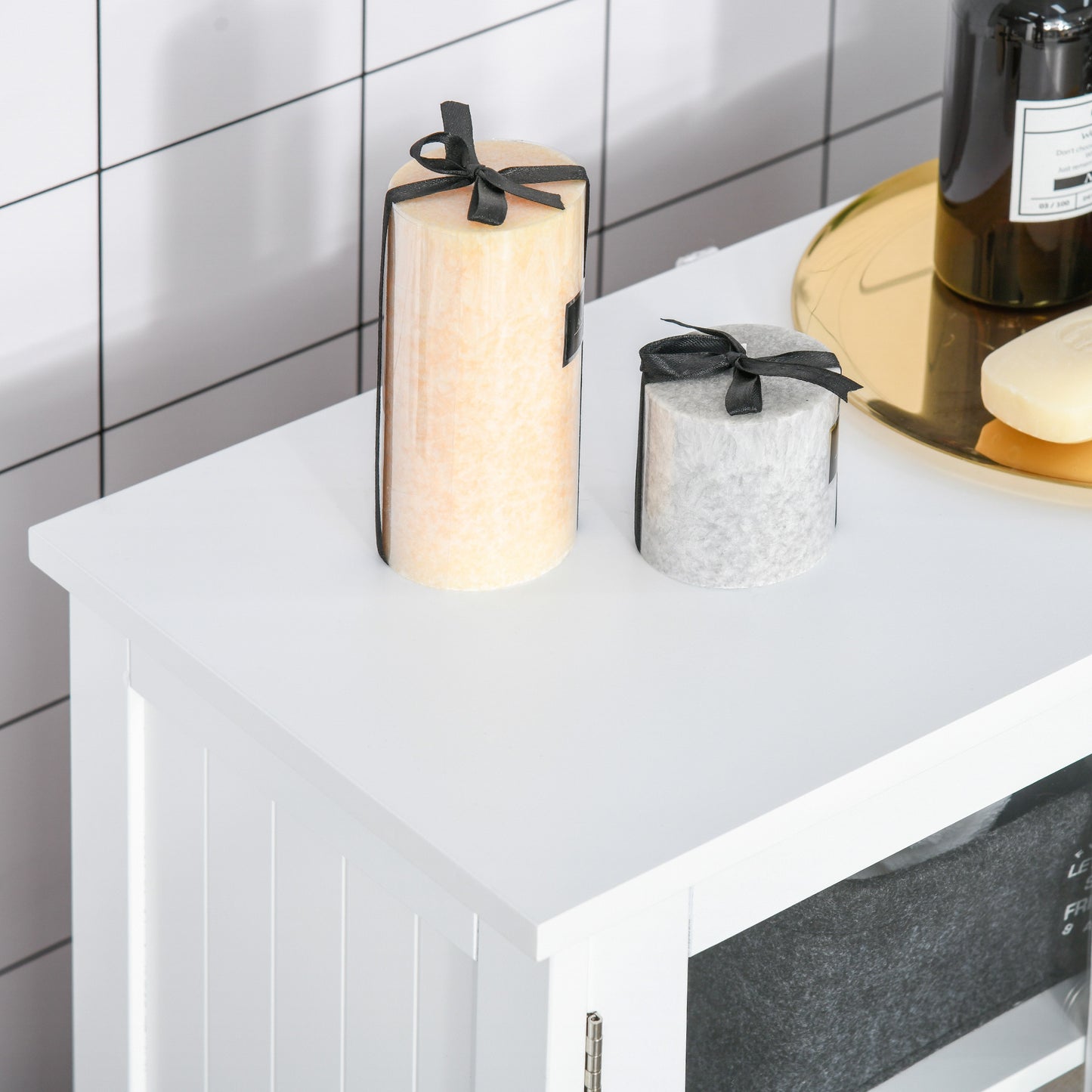 Bathroom Floor Storage Cabinet with Tempered Glass Doors White