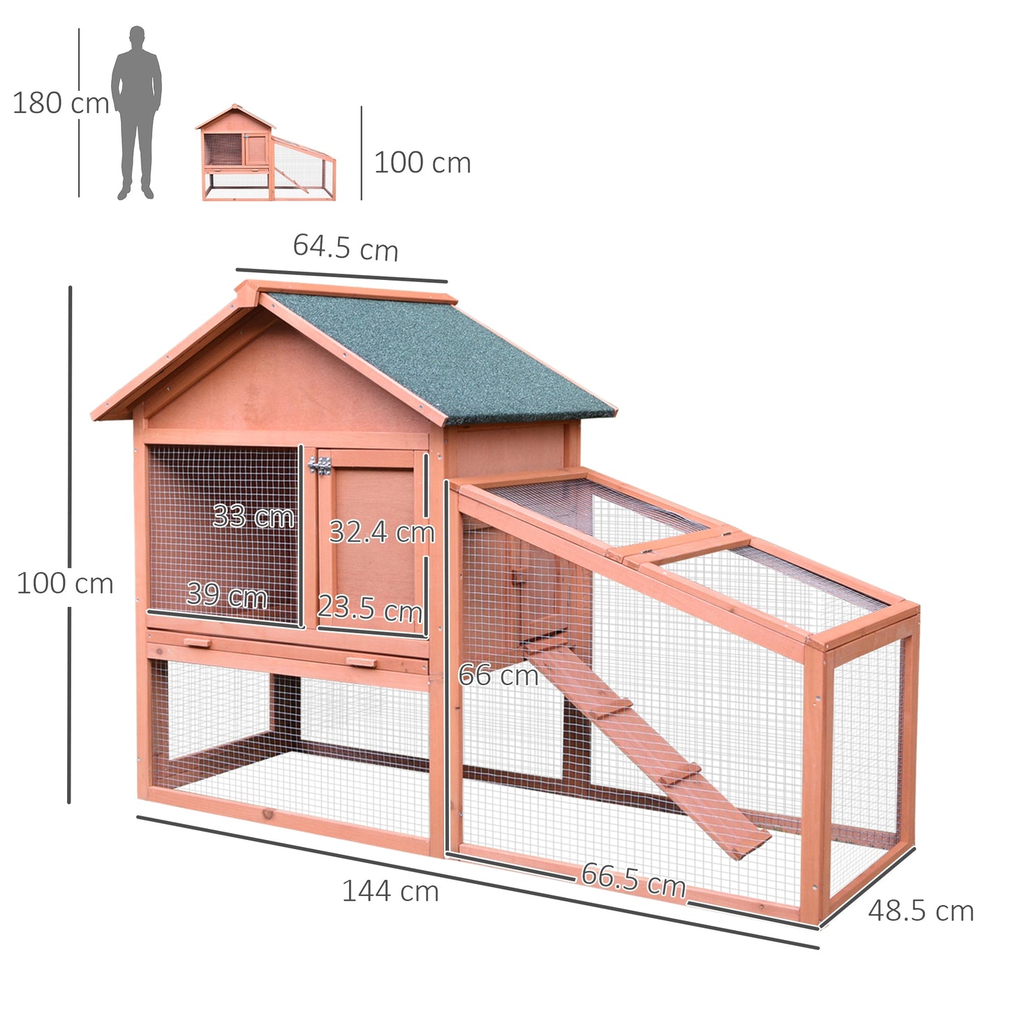 2 Tier Wood Rabbit Hutch Water Resistant Asphalt Roof Ramp 144 x 64.5 x 100 cm