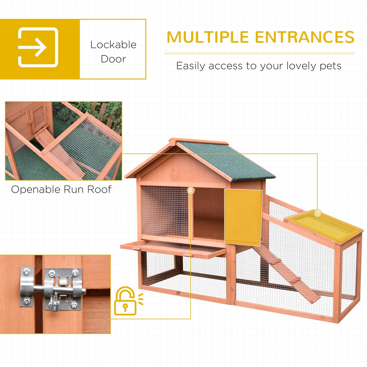 2 Tier Wood Rabbit Hutch Water Resistant Asphalt Roof Ramp 144 x 64.5 x 100 cm