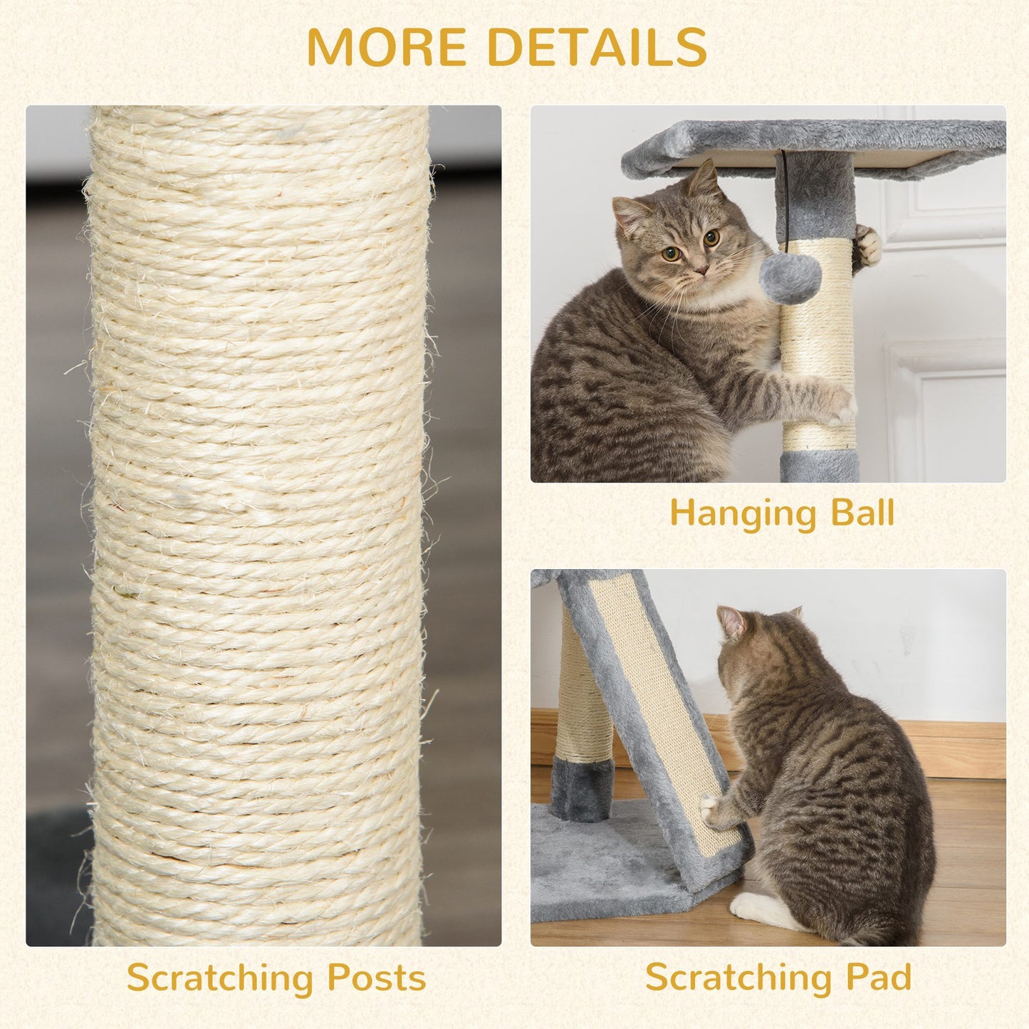 3 Level Cat Tree Sisal Scratching Post Perch Condo Ladder Cat Furniture Grey