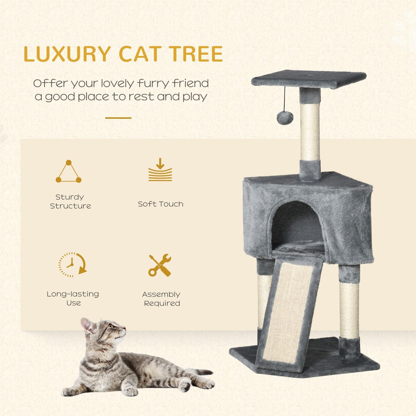 3 Level Cat Tree Sisal Scratching Post Perch Condo Ladder Cat Furniture Grey