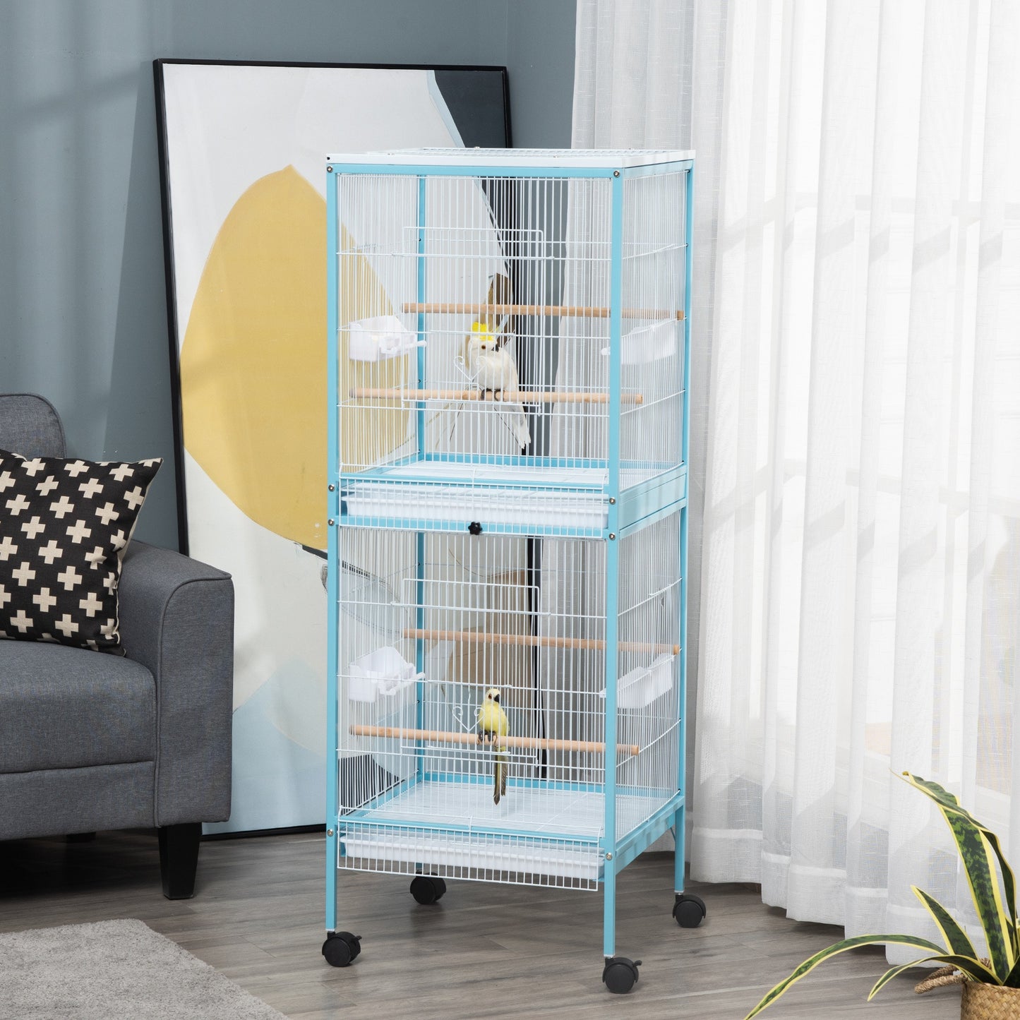 2 In 1 Large Bird Cage Aviary with Wheels, Slide-out Trays Wood Perches