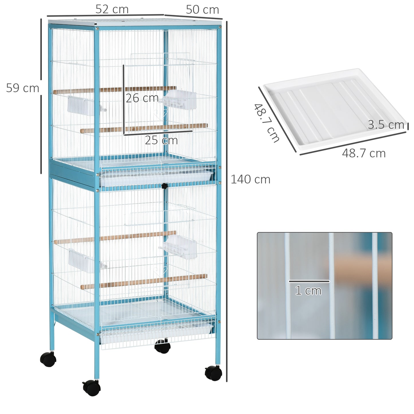 2 In 1 Large Bird Cage Aviary with Wheels, Slide-out Trays Wood Perches