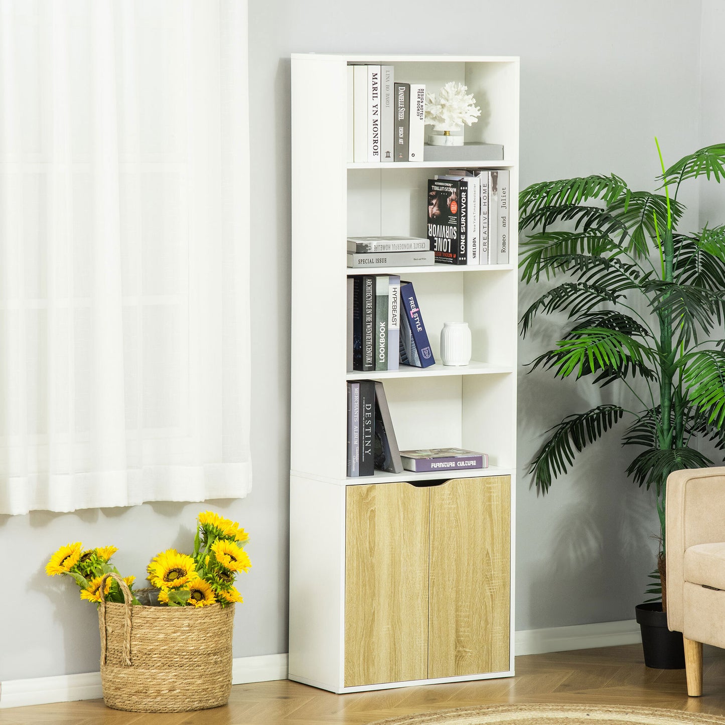 2 Door 4 Shelves Tall Bookcase Cupboard Display Unit White and Oak