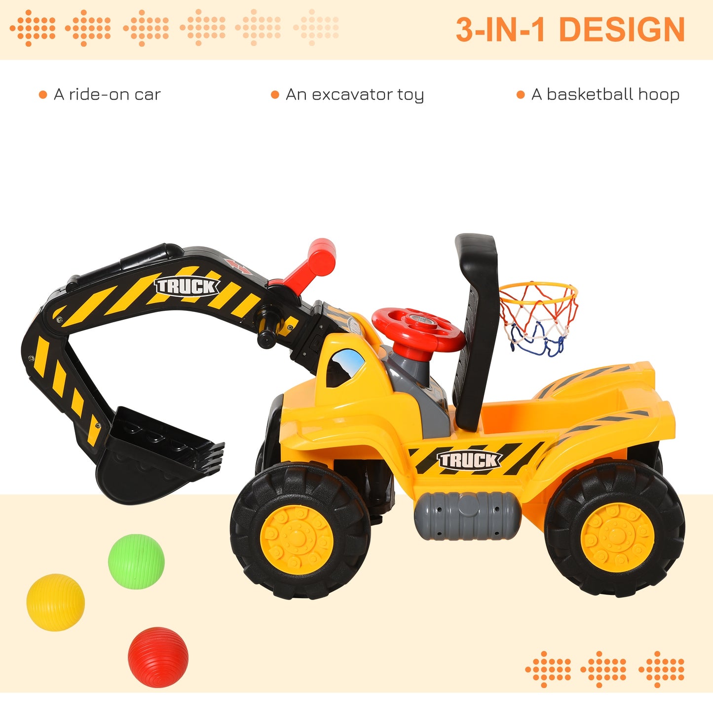 3-In-1 Kids Ride-On Tractor Scooter w/ Storage Basketball Net 3-8 Yrs HOMCOM